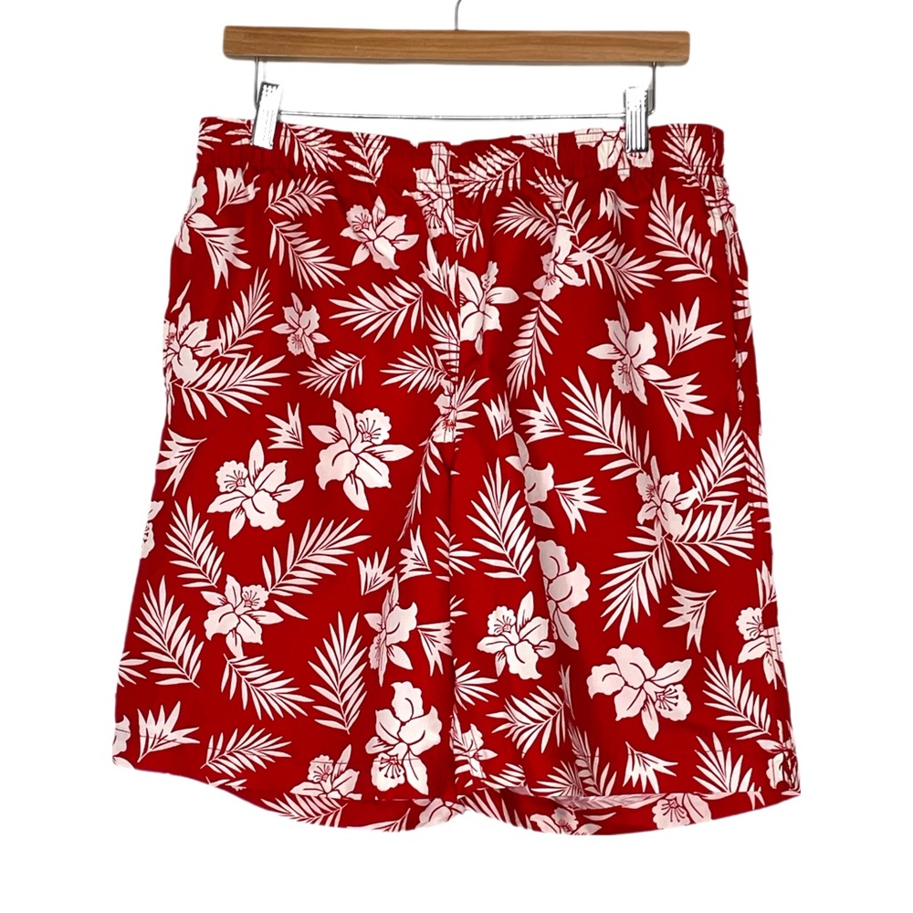 Lands’ End Men’s Red Palm Swim Trunks 9” Inseam Swim Shorts Medium Size 32-34